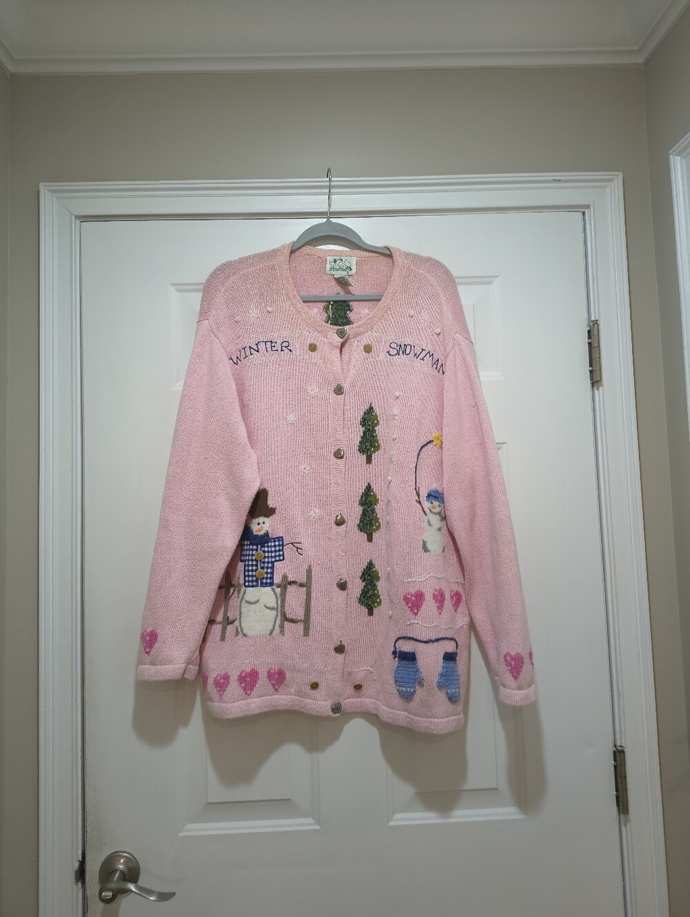 Vintage Quarker Factory Winter Snowman Pink Button Down  Cardigan Size 2X